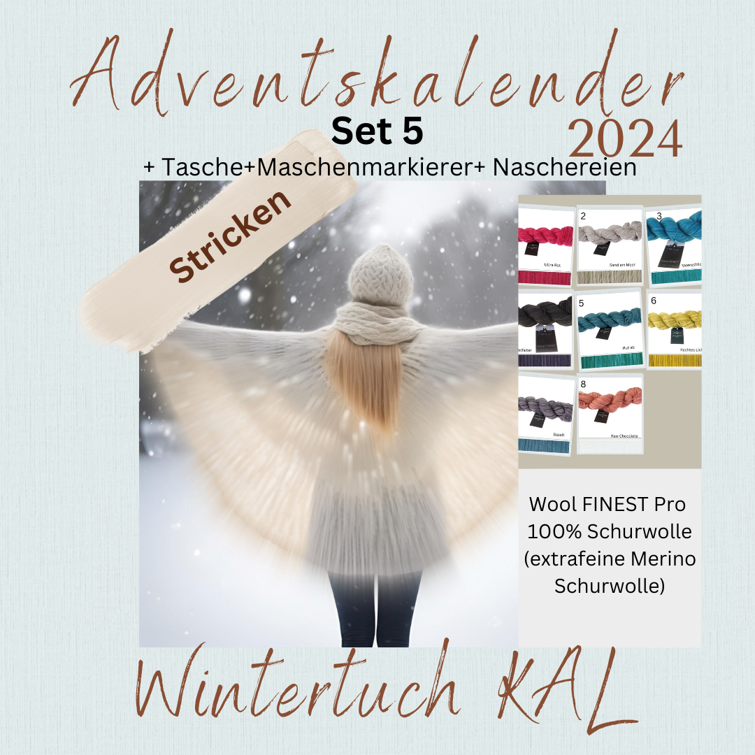 Adventskalender 2024 "Wintertuch" stricken, Set 5, Wool FINEST Pro, 100% Schurwolle (Organic Merino fine)